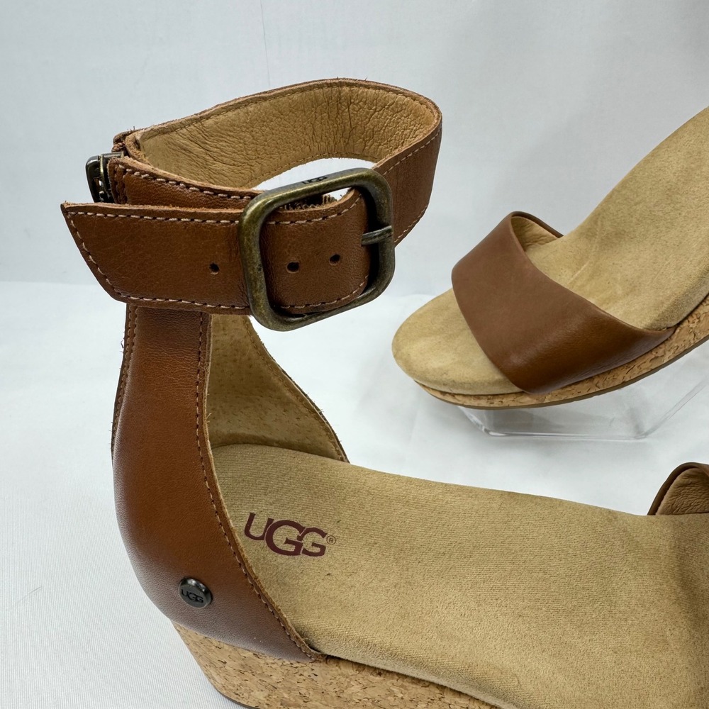 UGG Women Brown Leather Cork Wedge Ankle Strap Sandals 1102674 Size 9.5 - Picture 5 of 14